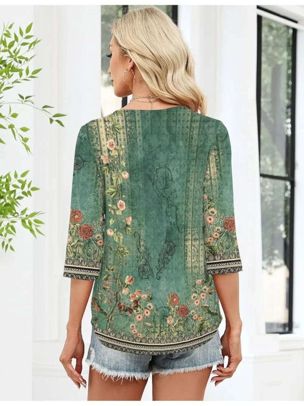 Women's Green Floral Long Sleeve V Neck Casual Henley Blouses Tops T Shirt
